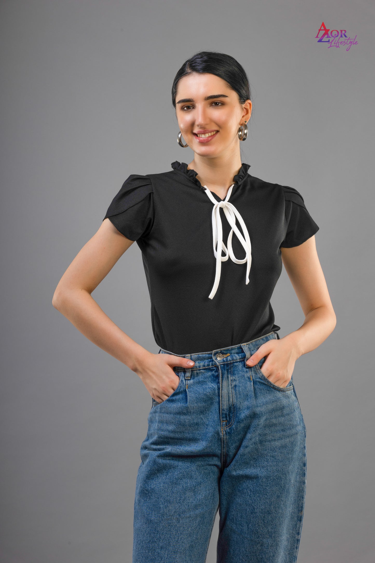 Women black top with tie