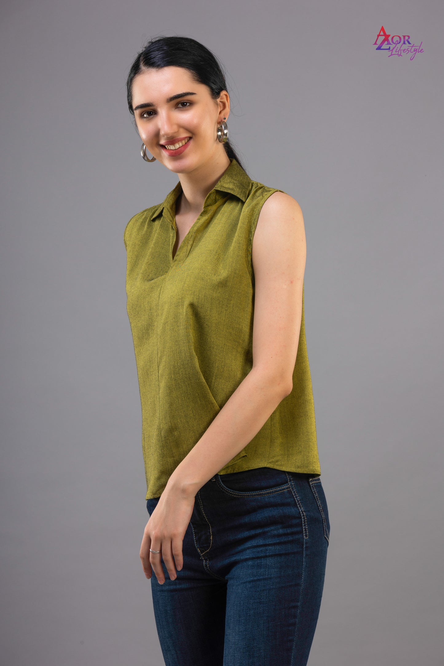 Women army green V-neck top
