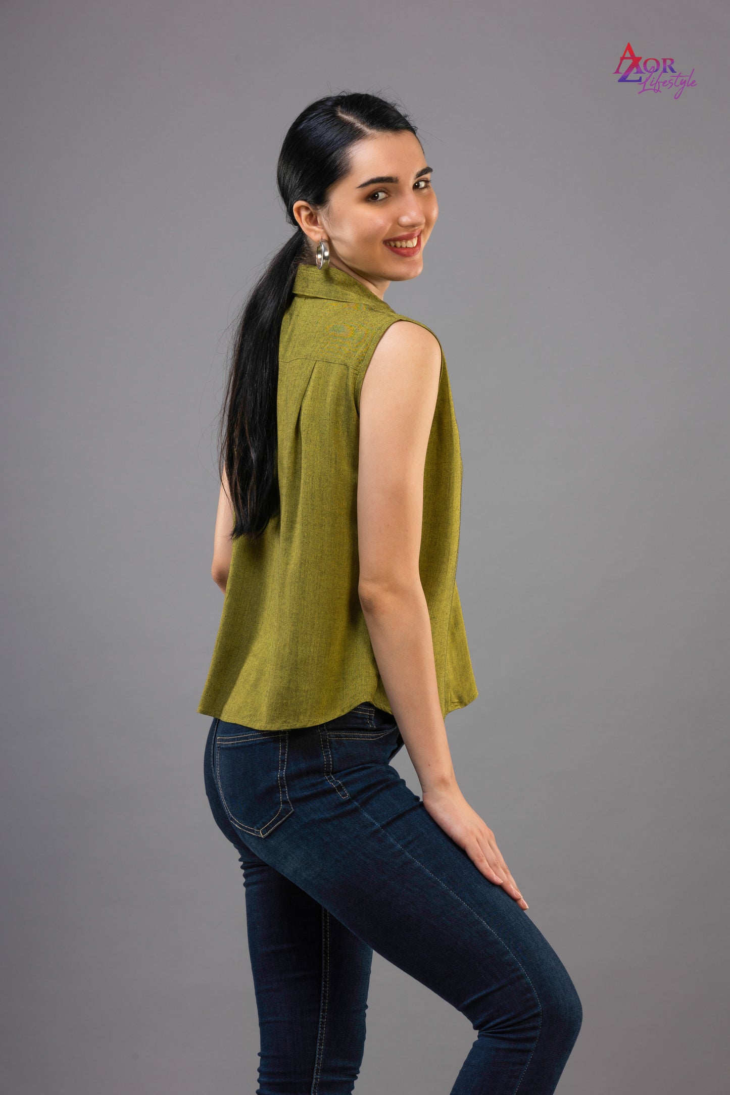 Women army green V-neck top