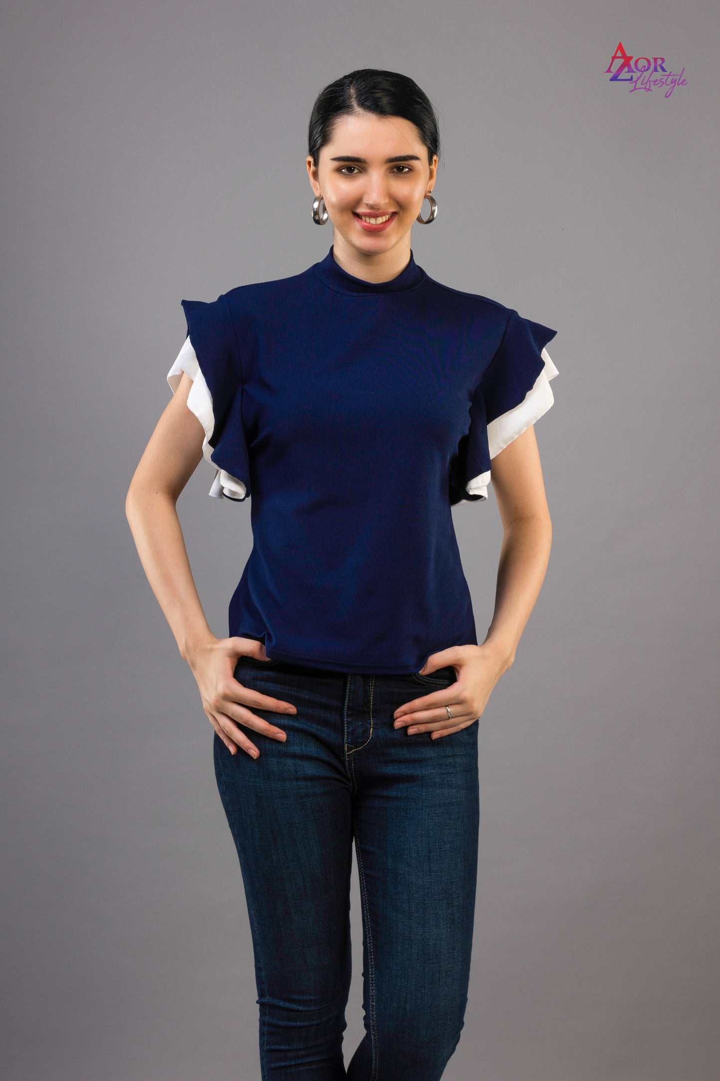 Women navy blue flared sleeve top
