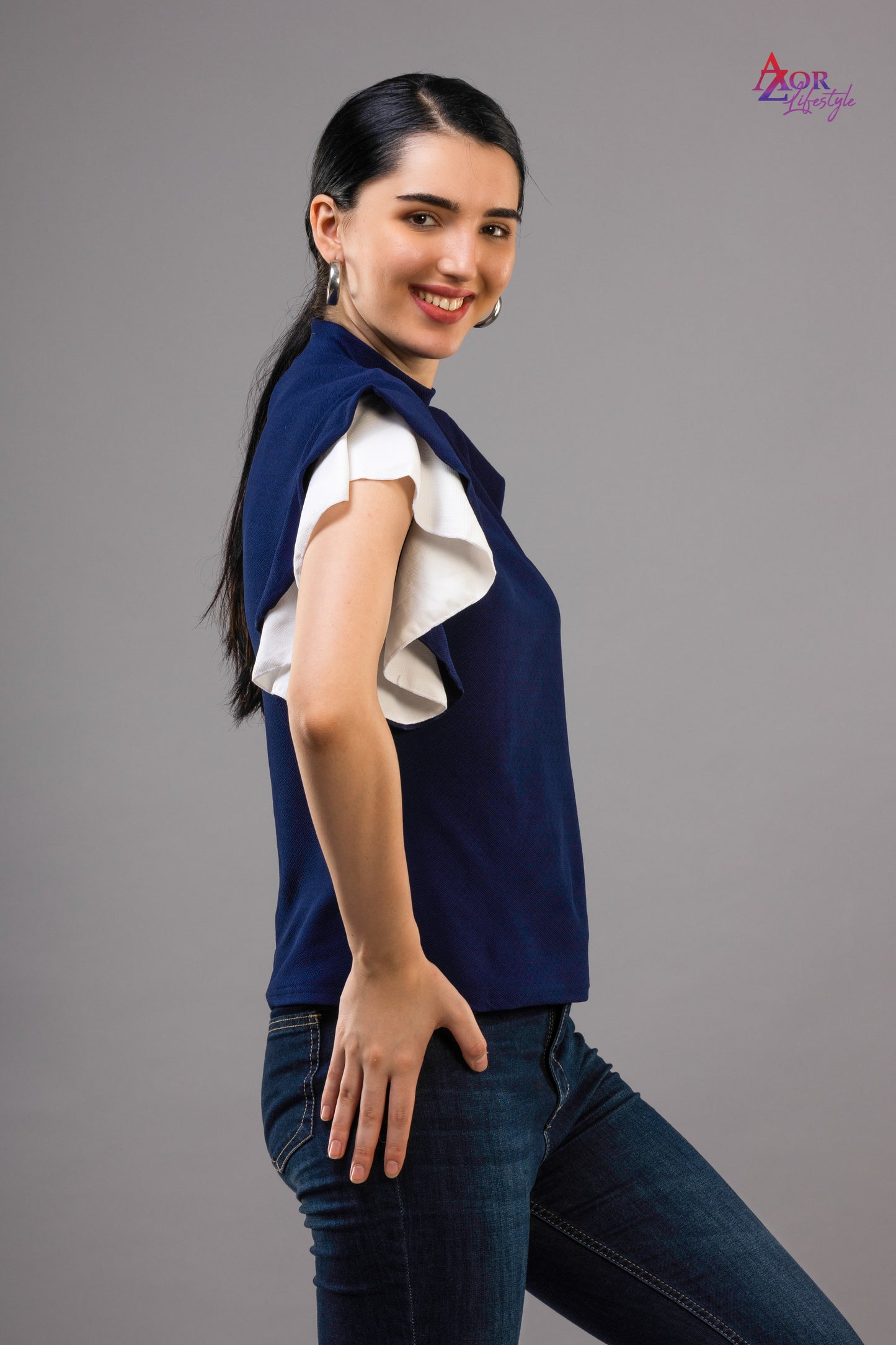 Women navy blue flared sleeve top