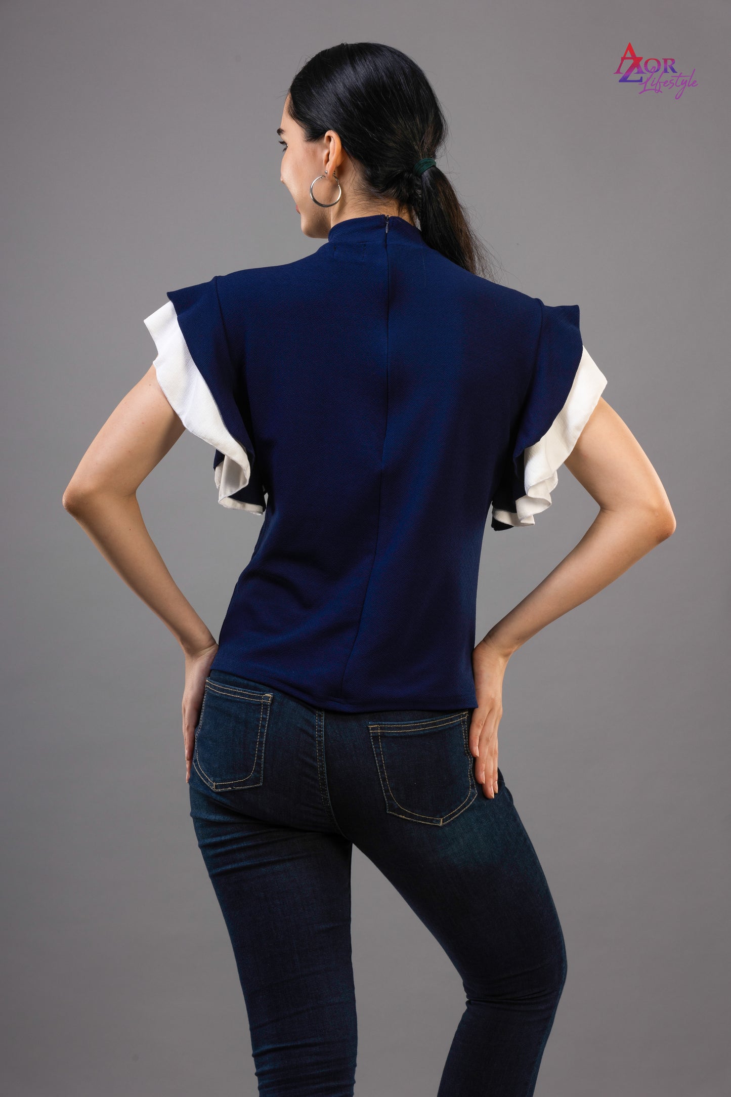 Women navy blue flared sleeve top