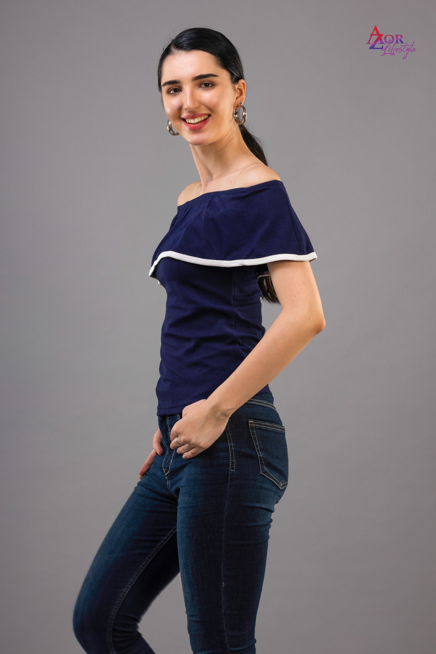 Women blue off-shoulder top
