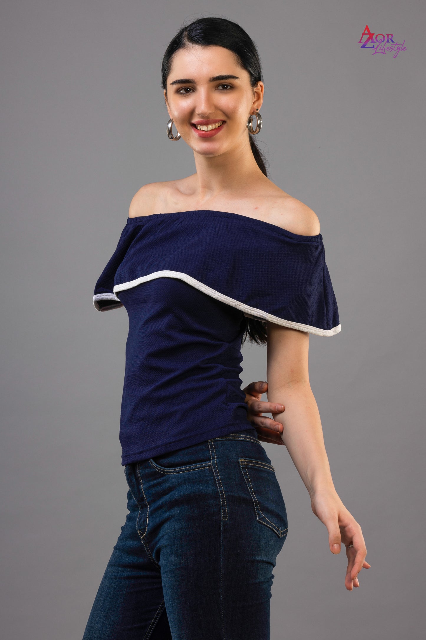 Women blue off-shoulder top