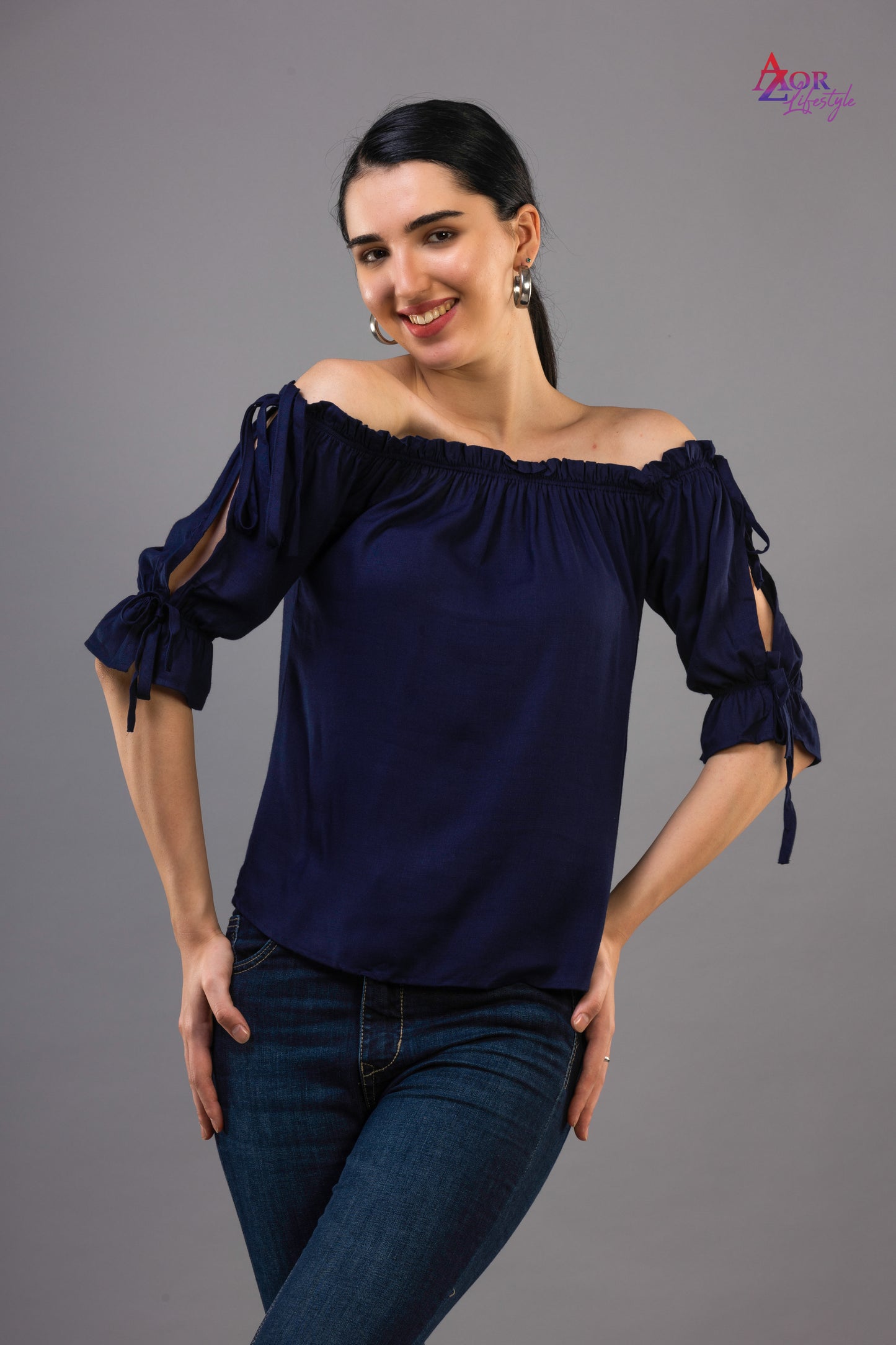 Women navy blue off-shoulder top