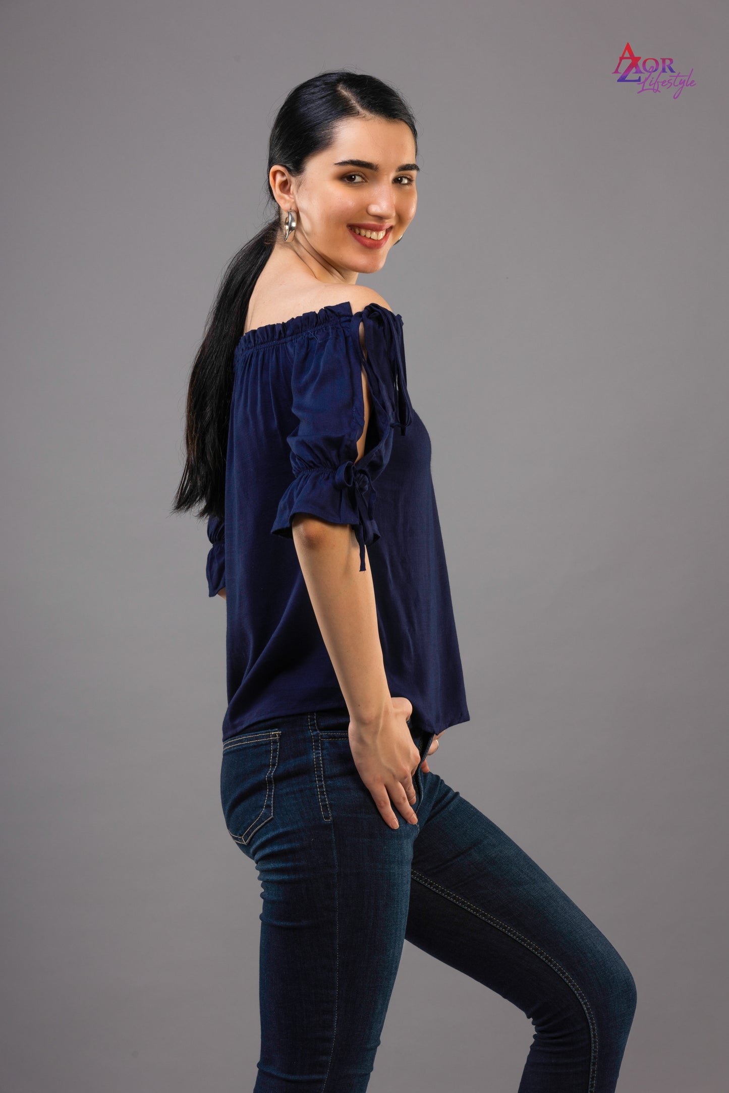 Women navy blue off-shoulder top