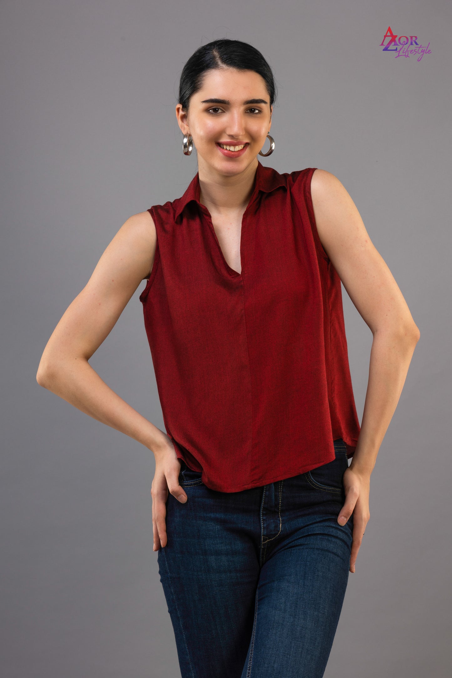 Women maroon V-neck top