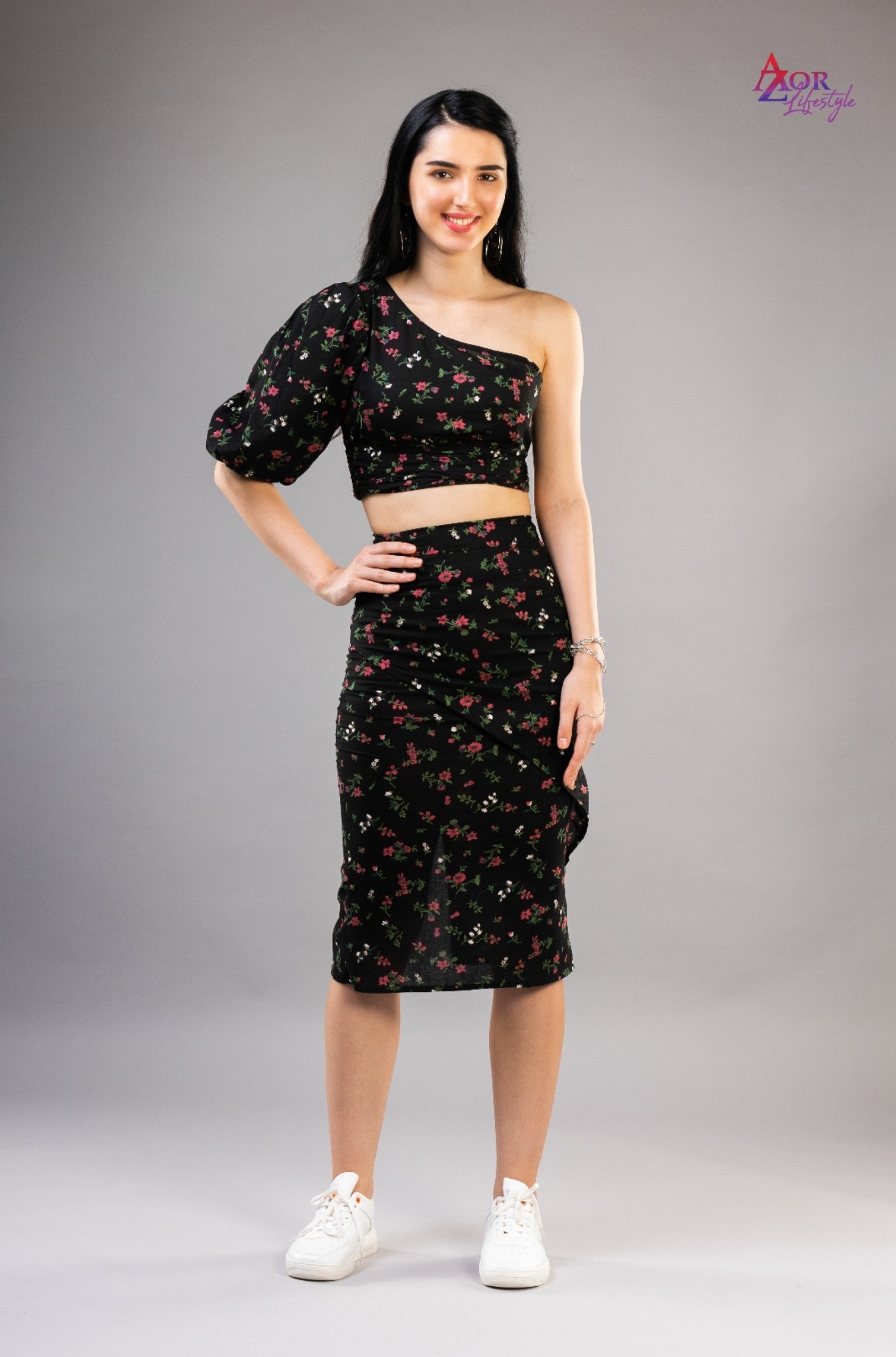 Women black floral co-ord set dress