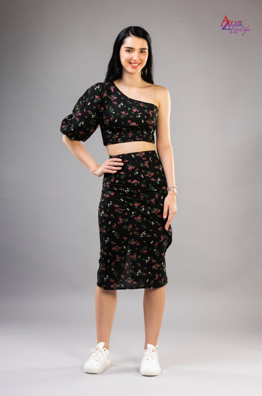 Women black floral co-ord set dress