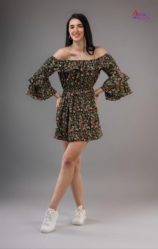 Women black green off shoulder dress