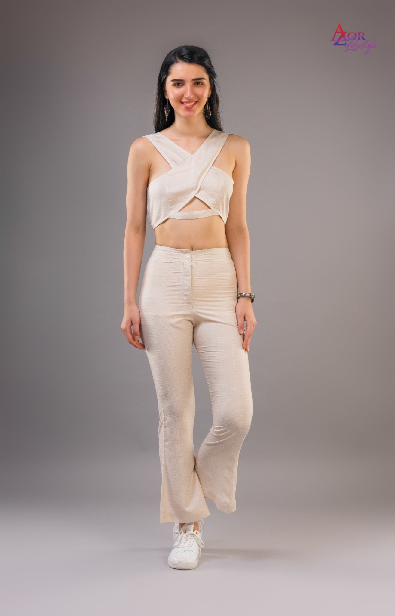 Women white/ivory cross front co-ord set