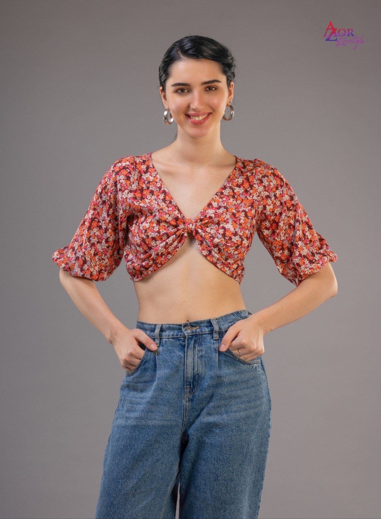 Women brown orange bow style crop top