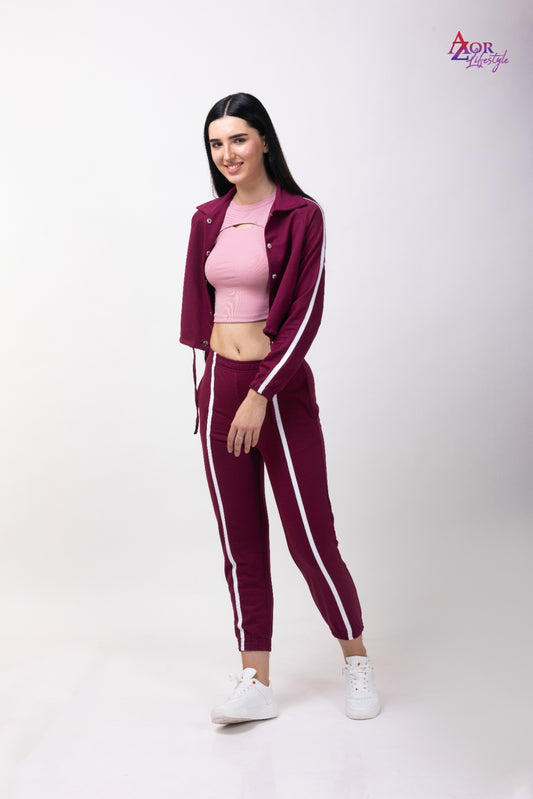 Women wine collared sweatshirt co-ord set
