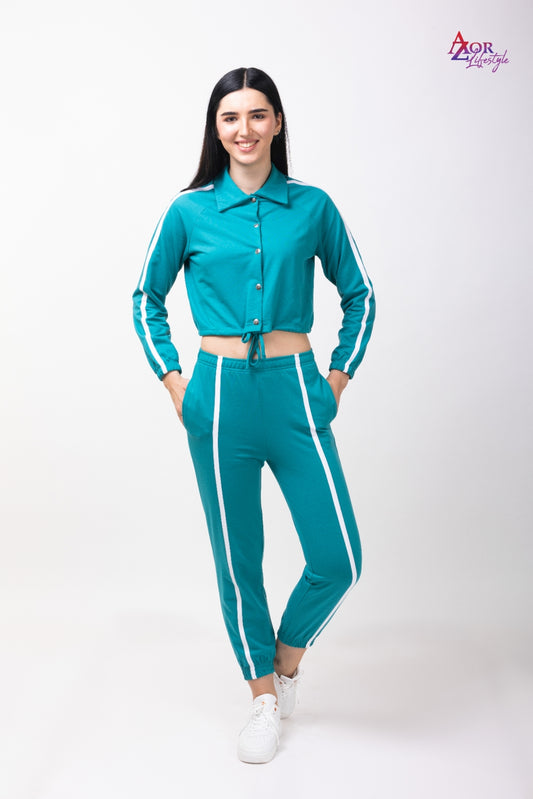 Women turquoise blue collared sweatshirt co-ord set