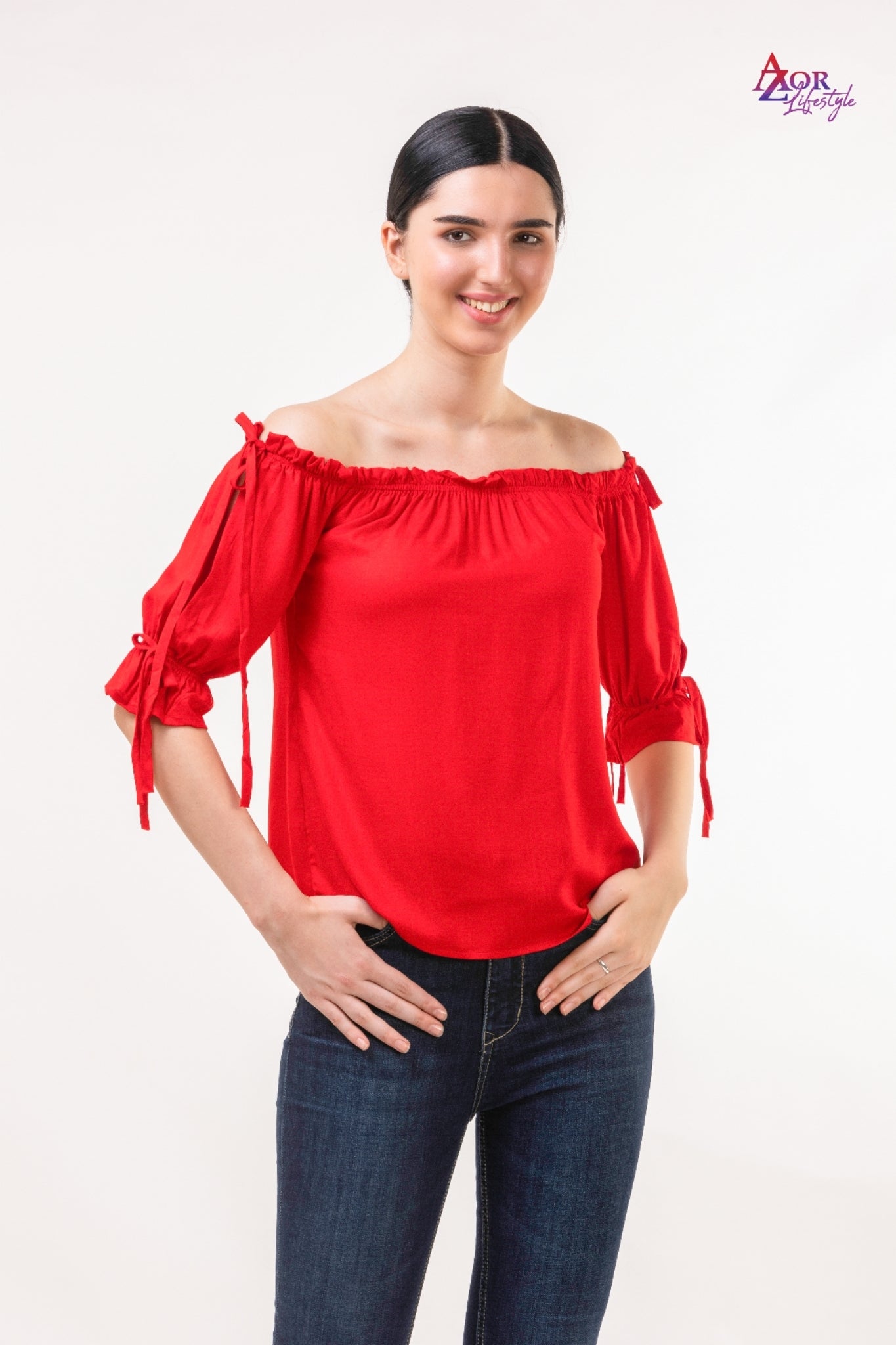 Women red off- shoulder top