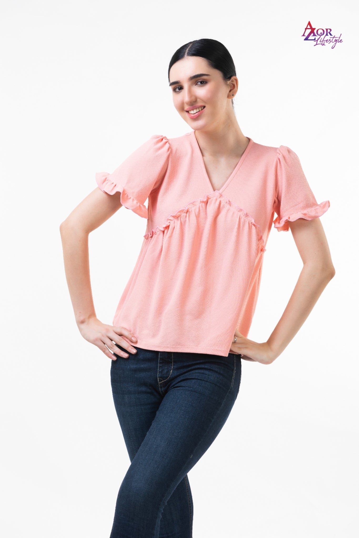 Women pink V-neck top