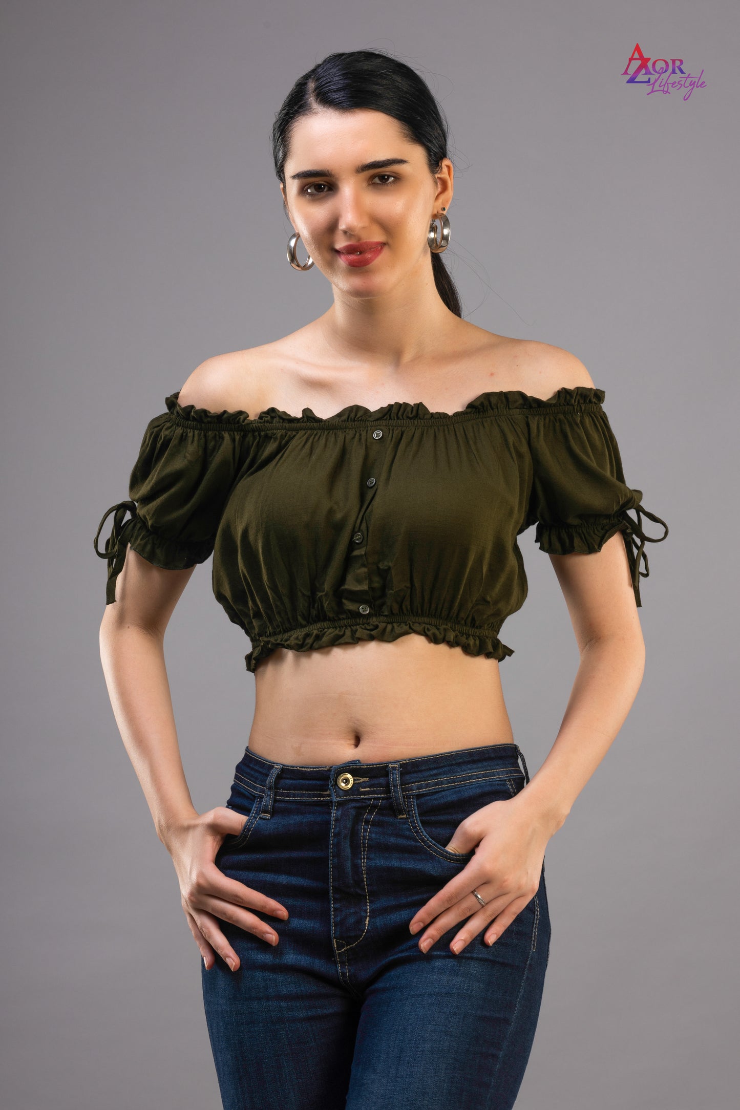 Women army green crop- top