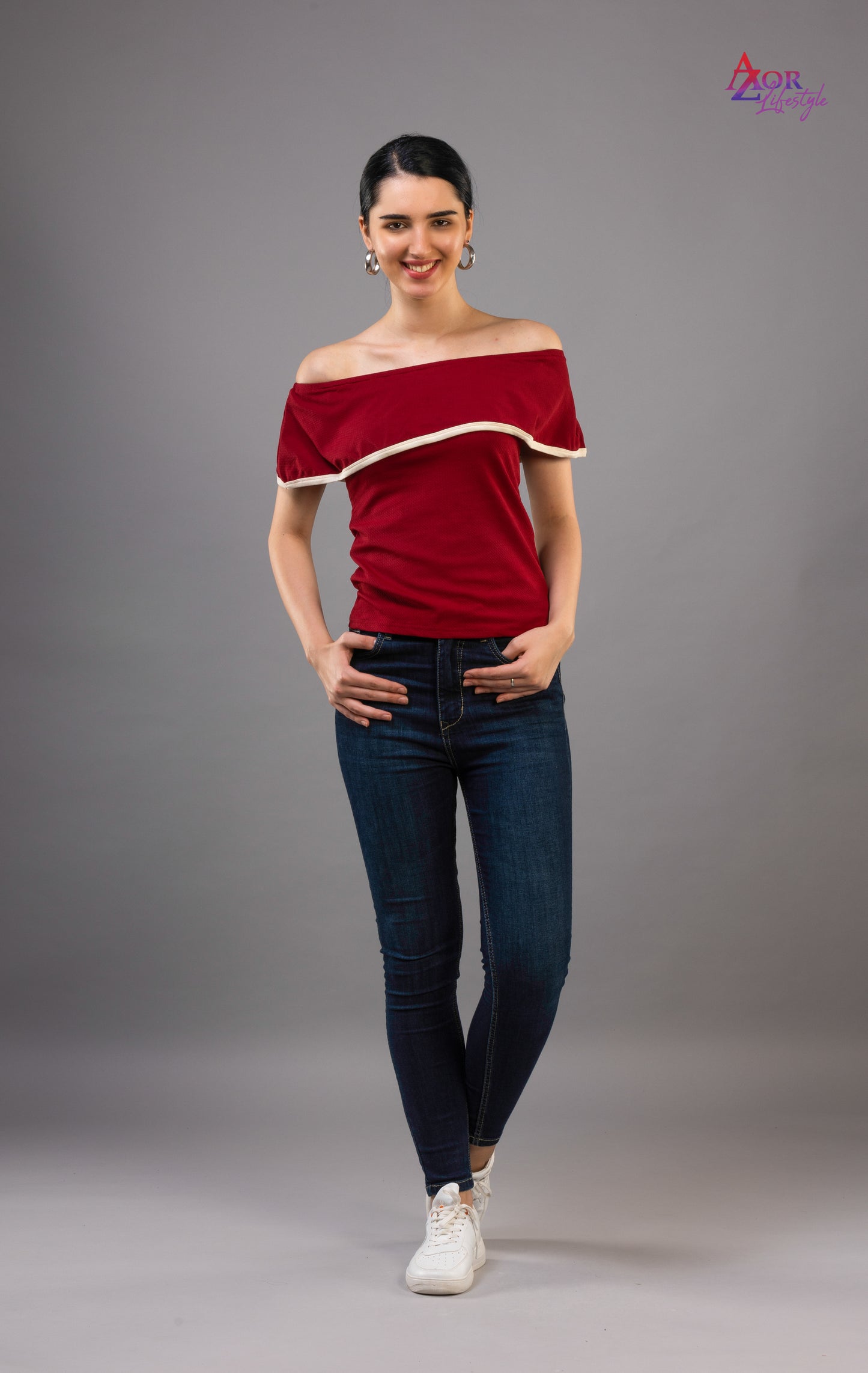 Women maroon off-shoulder top