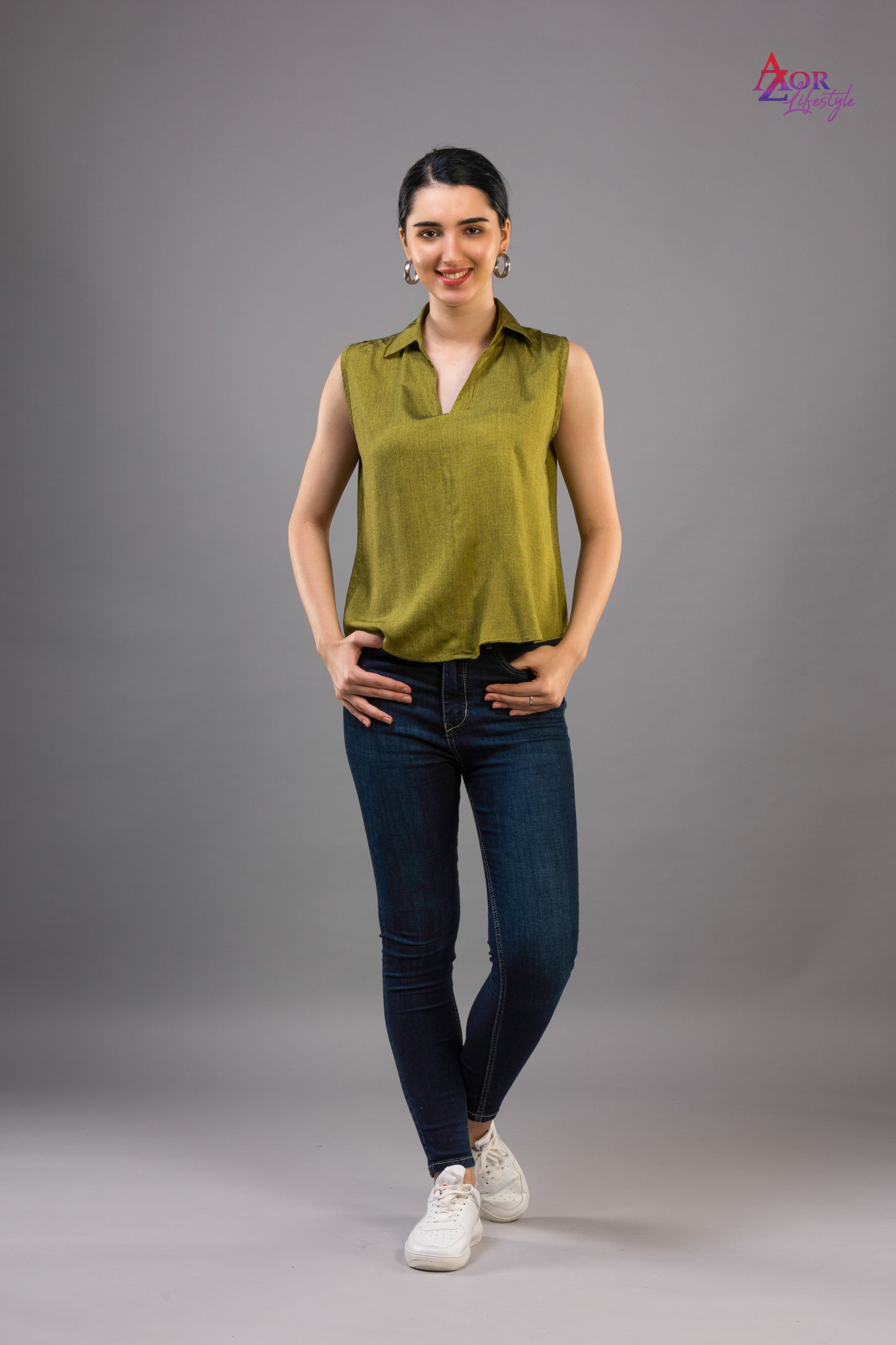 Women army green V-neck top