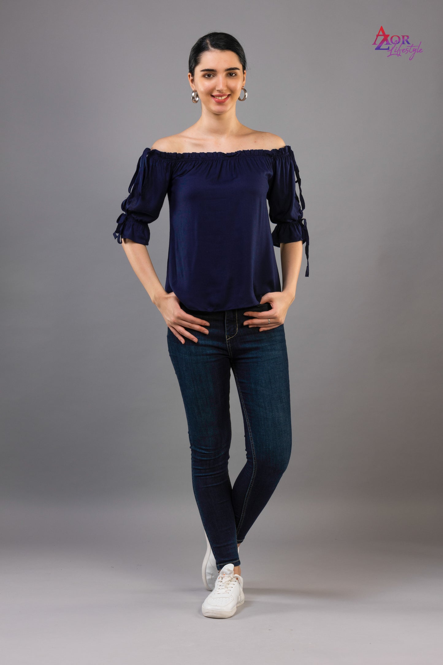Women navy blue off-shoulder top