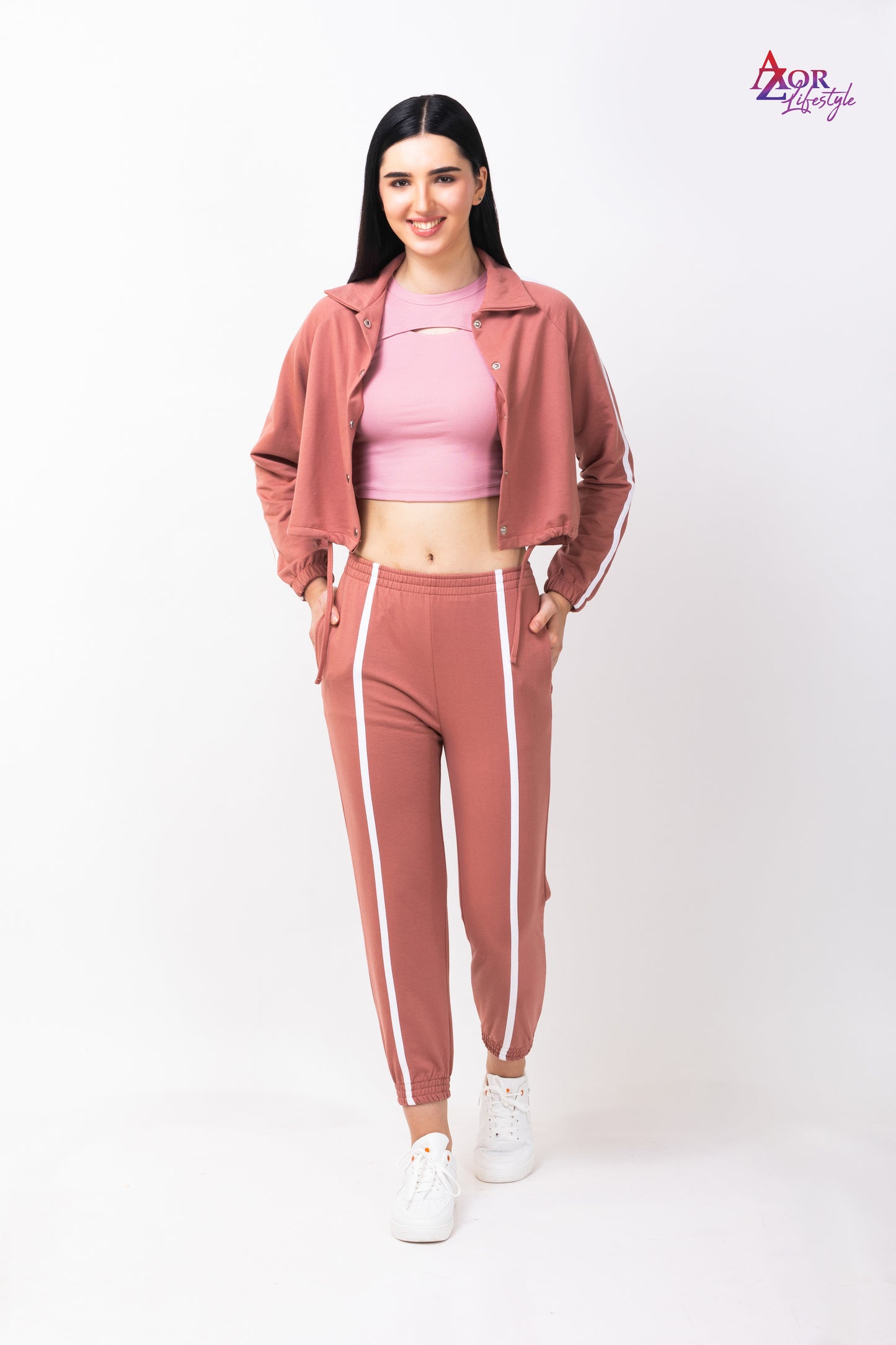 Women peach collared sweatshirt co-ord set