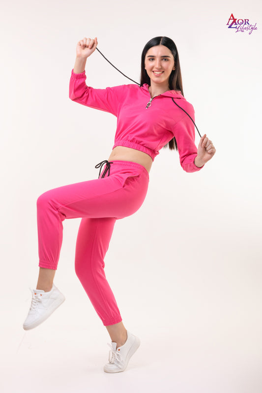 Women pink cotton fleece zipper sweatshirt co-ord set