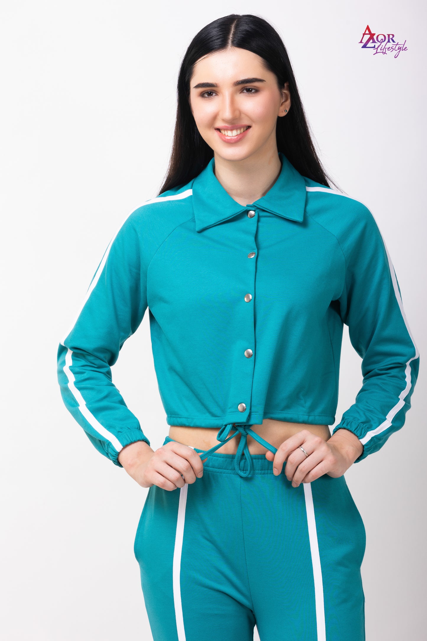 Women turquoise blue collared sweatshirt co-ord set