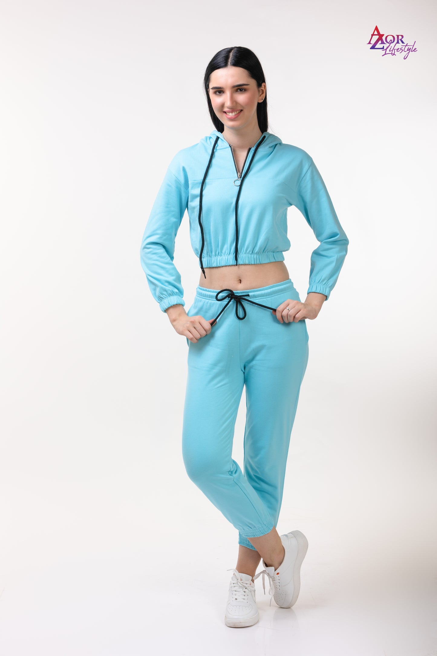 Women blue cotton fleece zipper sweatshirt co-ord set