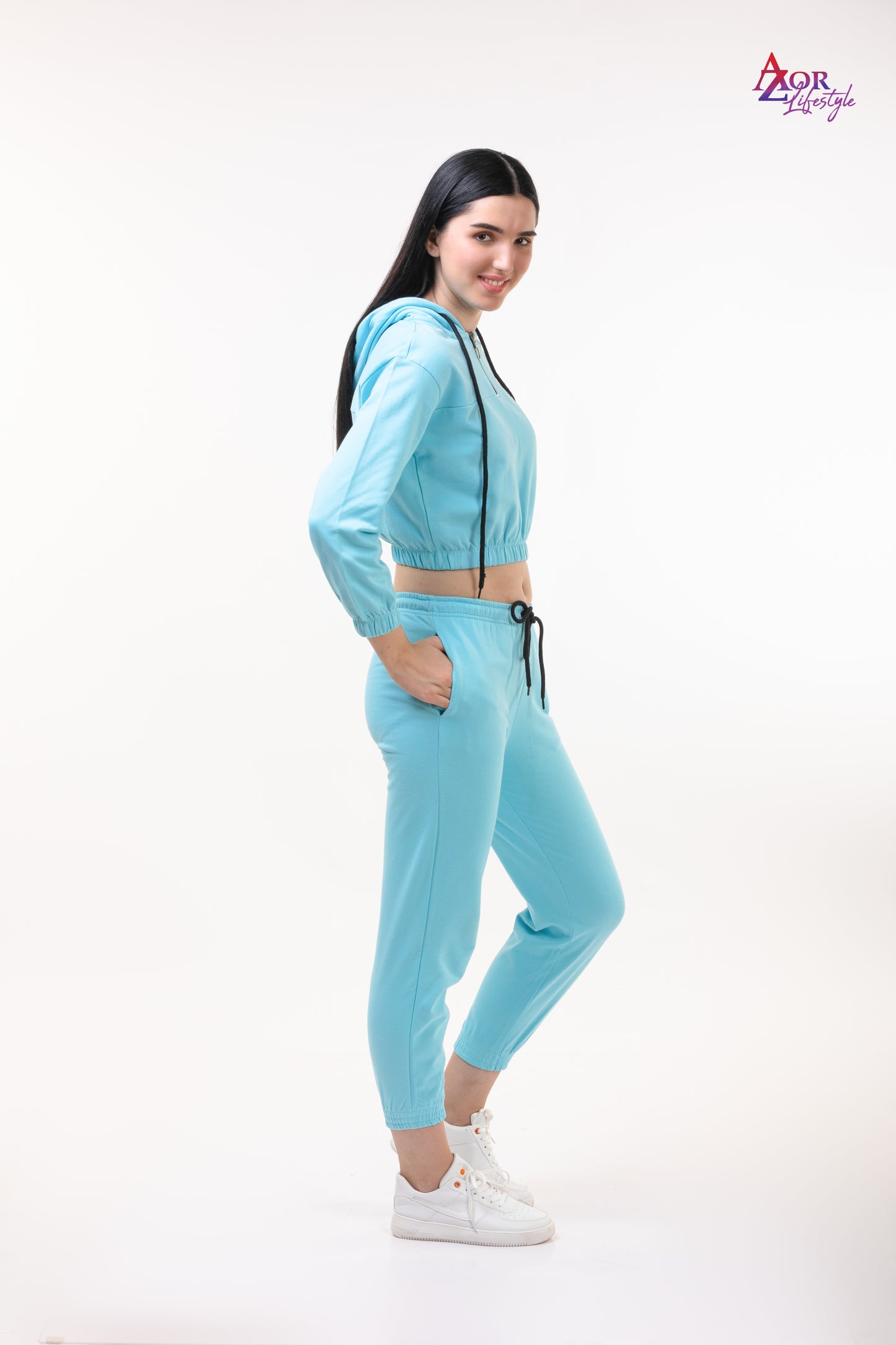 Women blue cotton fleece zipper sweatshirt co-ord set