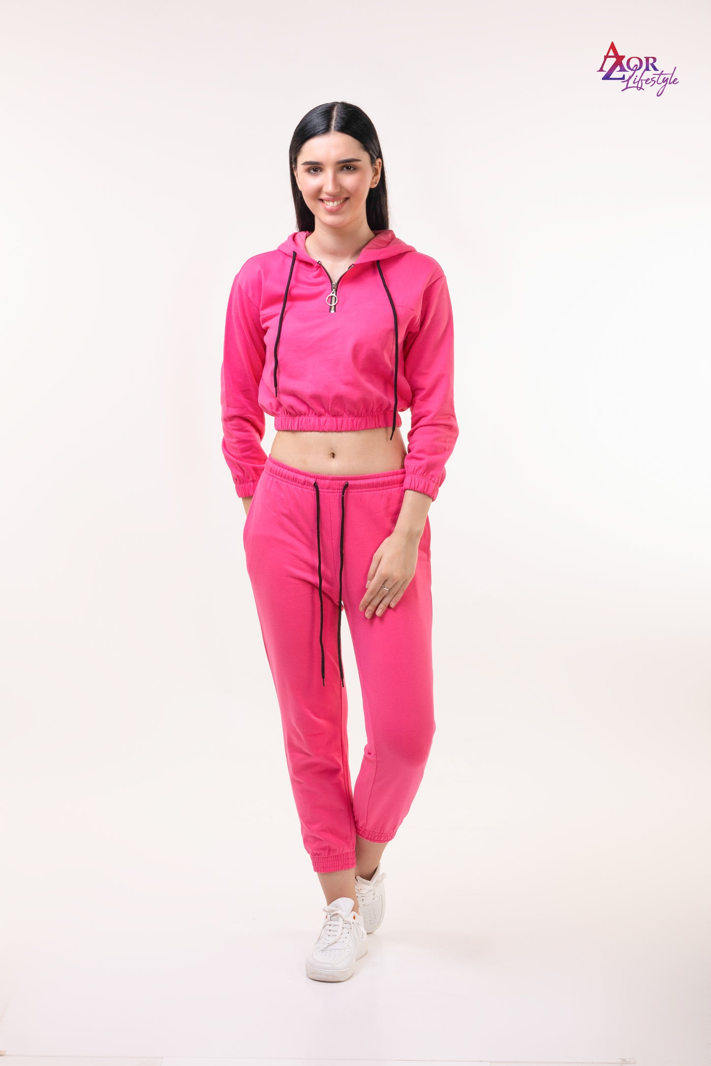 Women pink cotton fleece zipper sweatshirt co-ord set