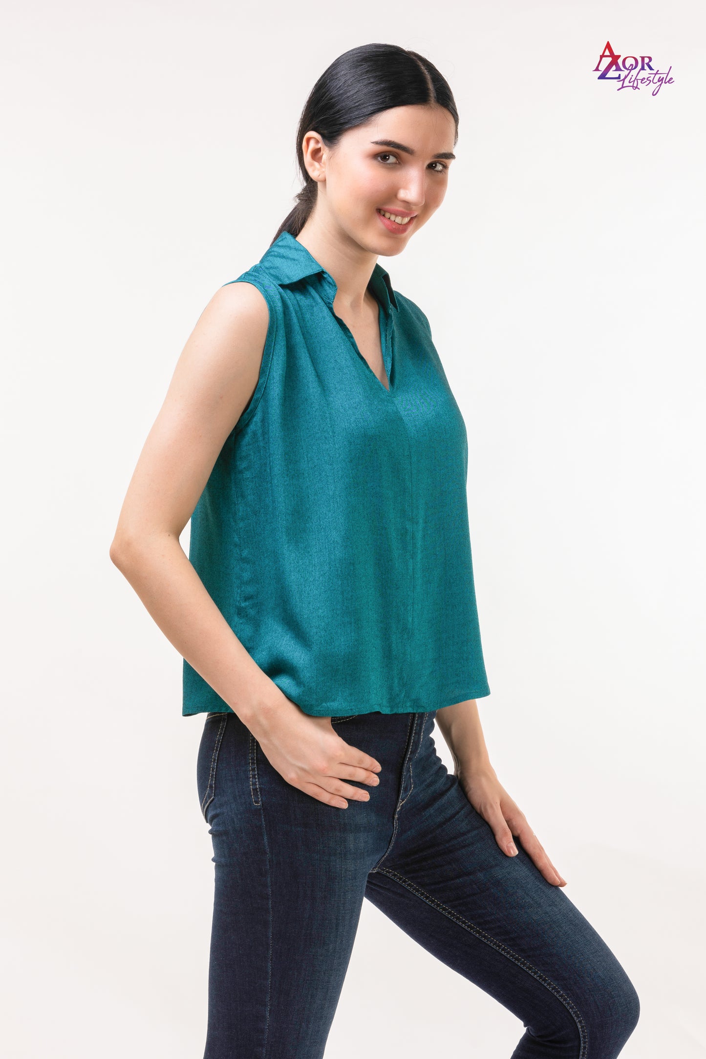 Women turquoise blue V-neck top