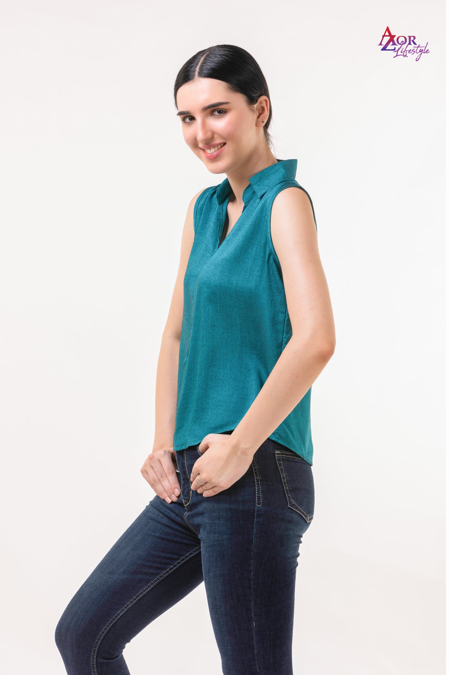 Women turquoise blue V-neck top