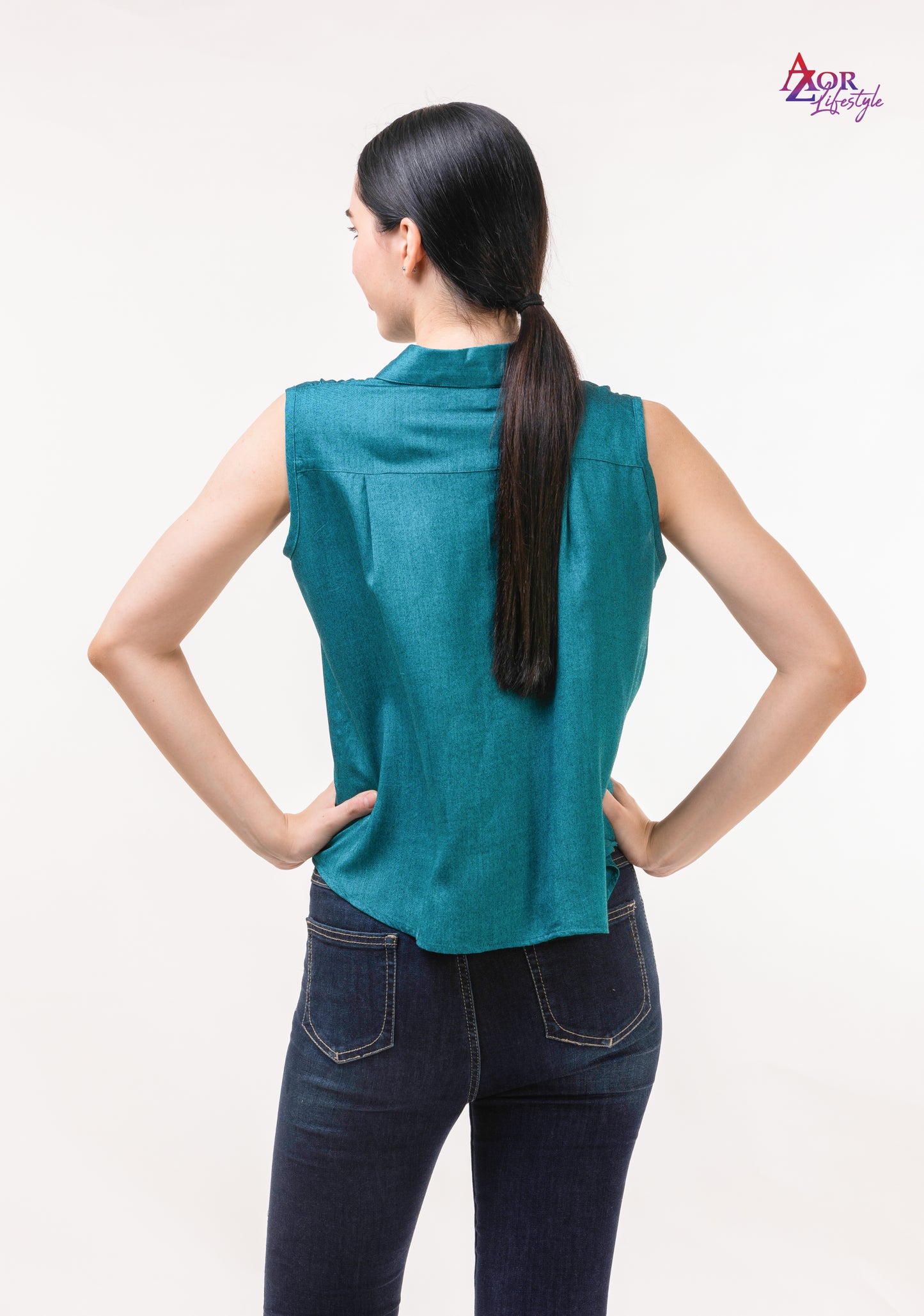 Women turquoise blue V-neck top