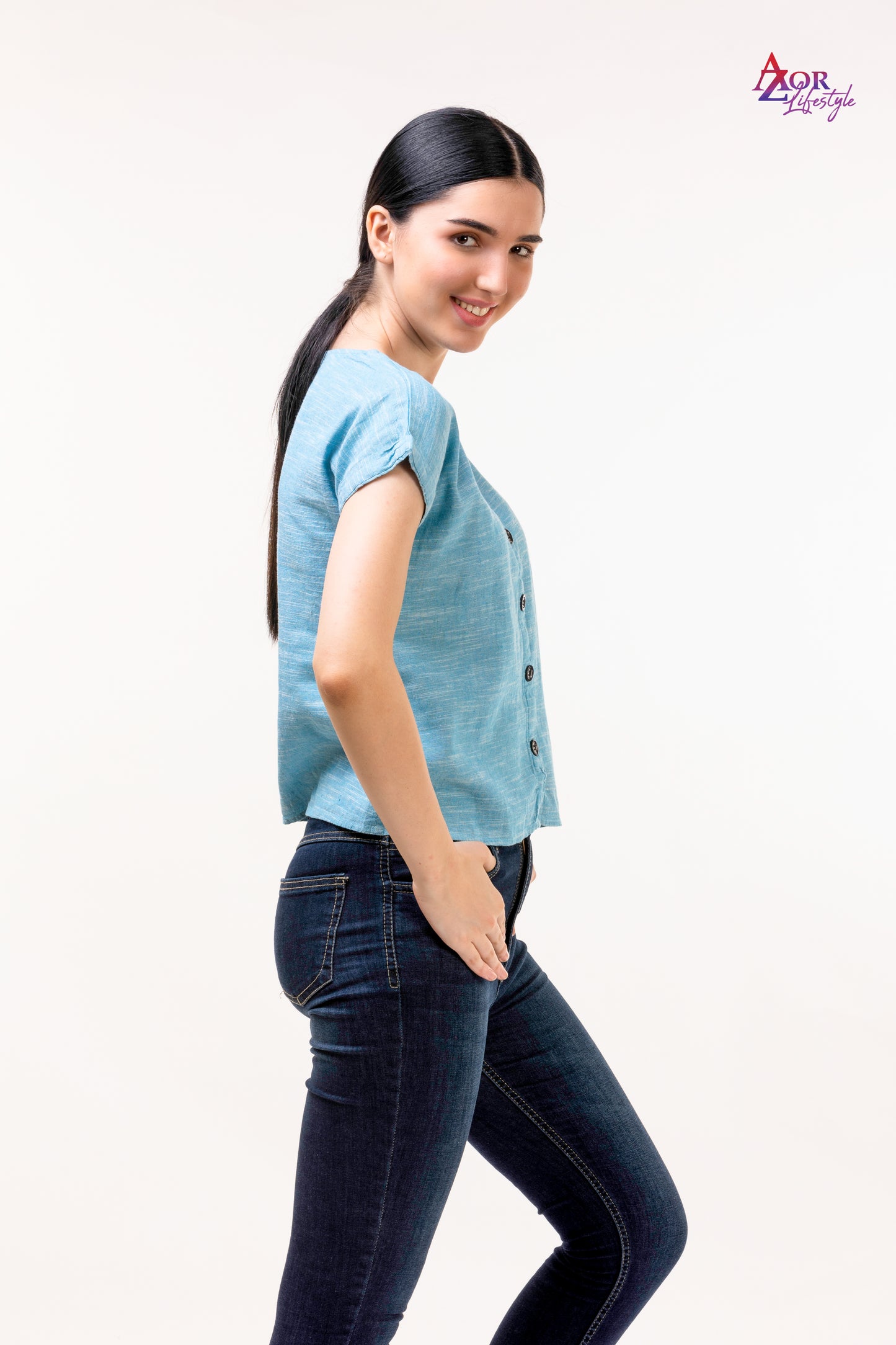 Women blue top/shirt with button