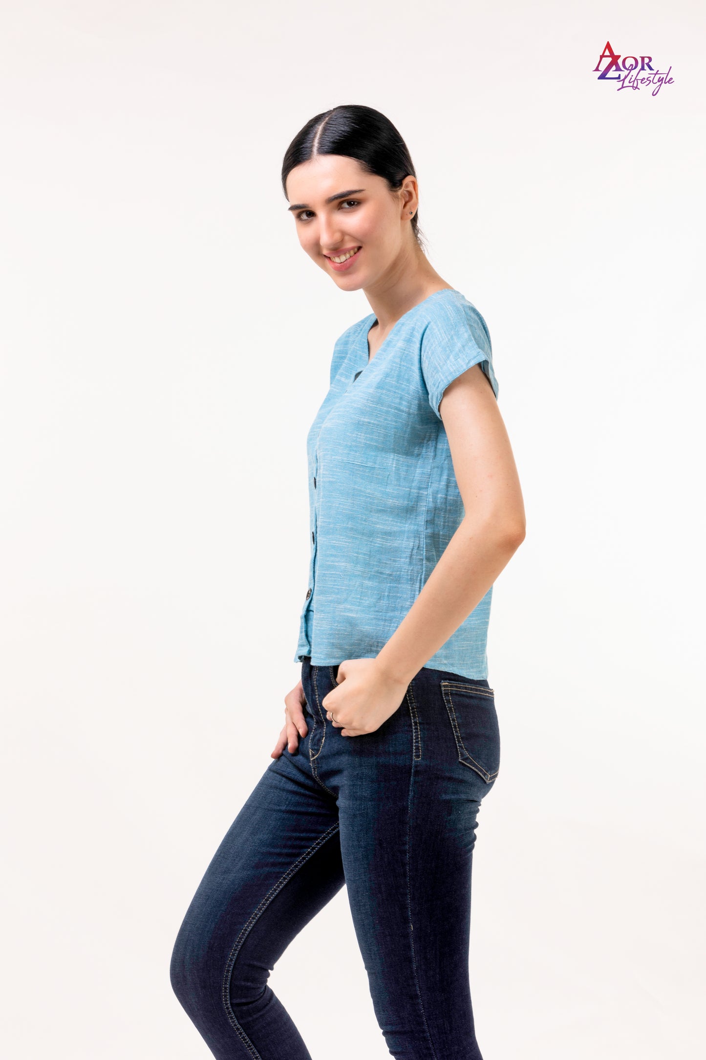 Women blue top/shirt with button