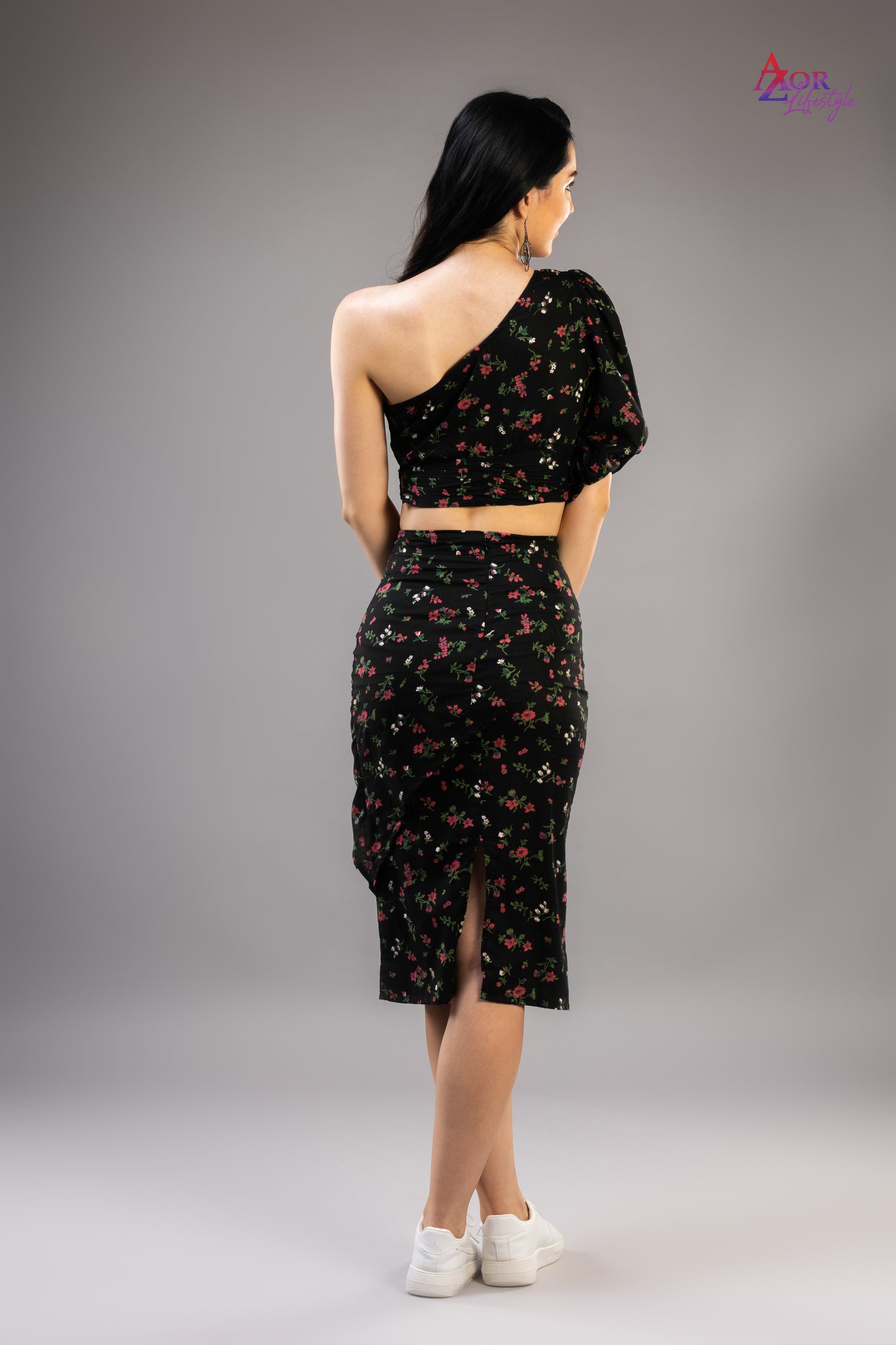 Women black floral co-ord set dress