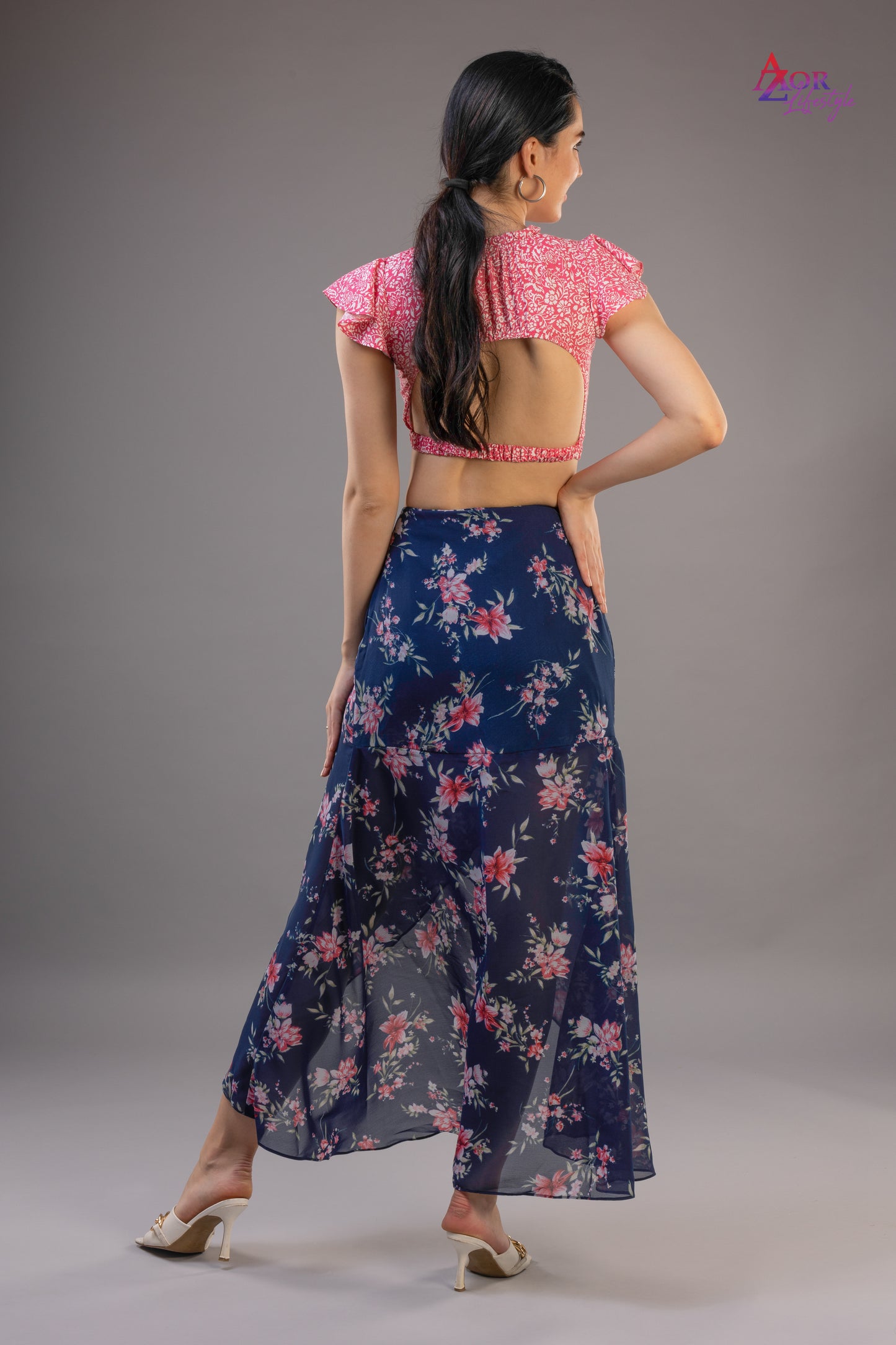 Women blue pink asymmetric wrap skirt
