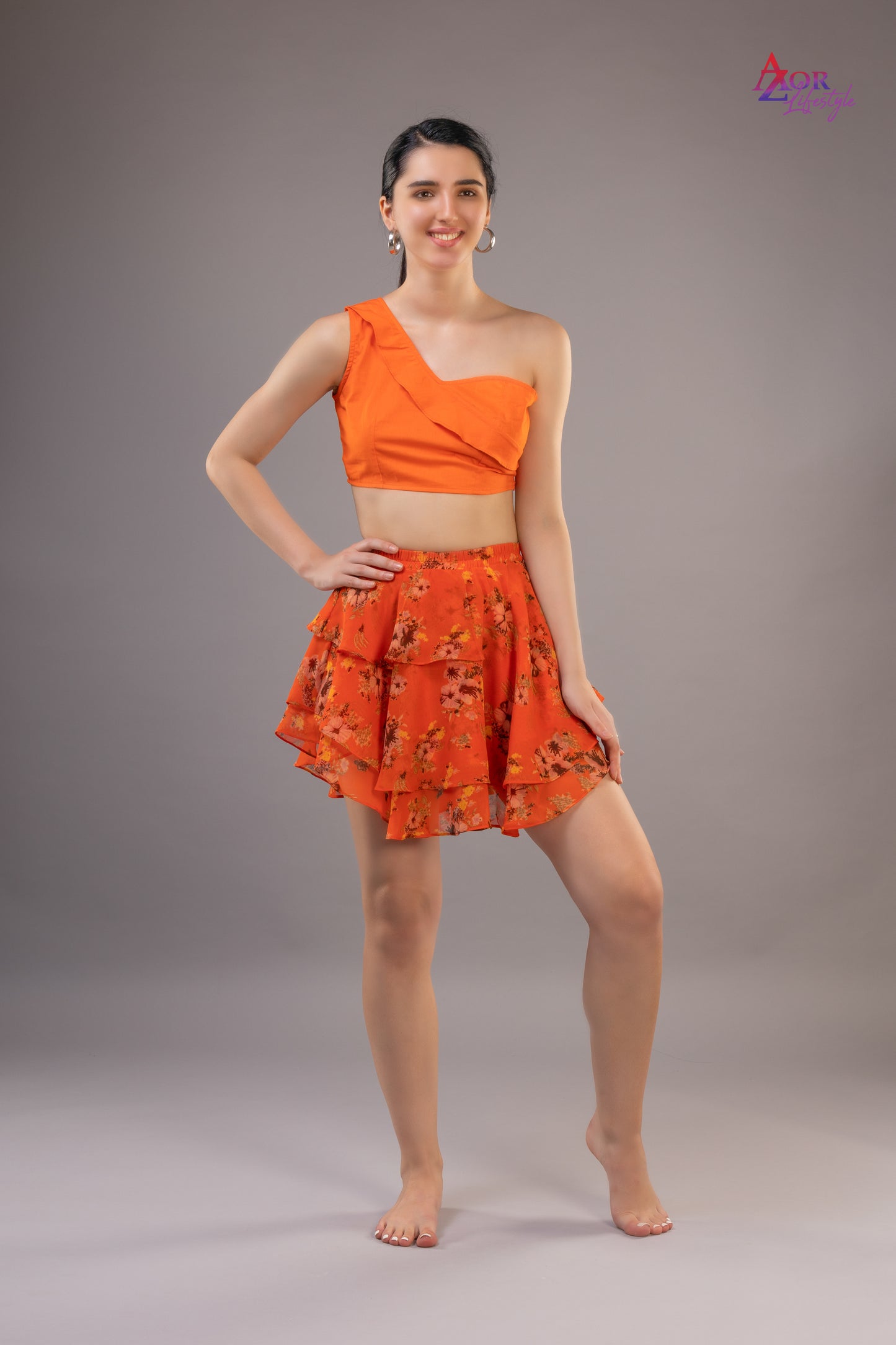 Women orange asymmetric skirt