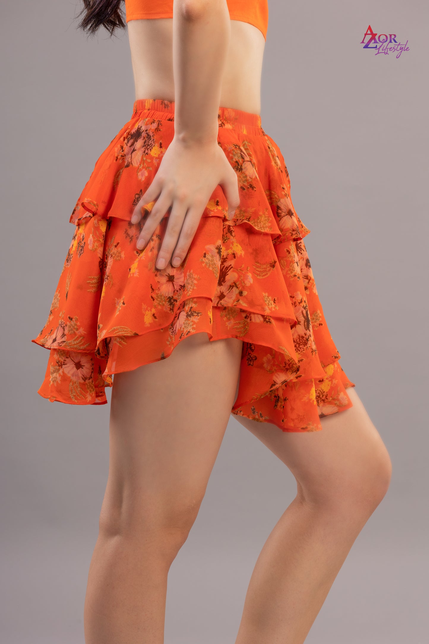 Women orange asymmetric skirt