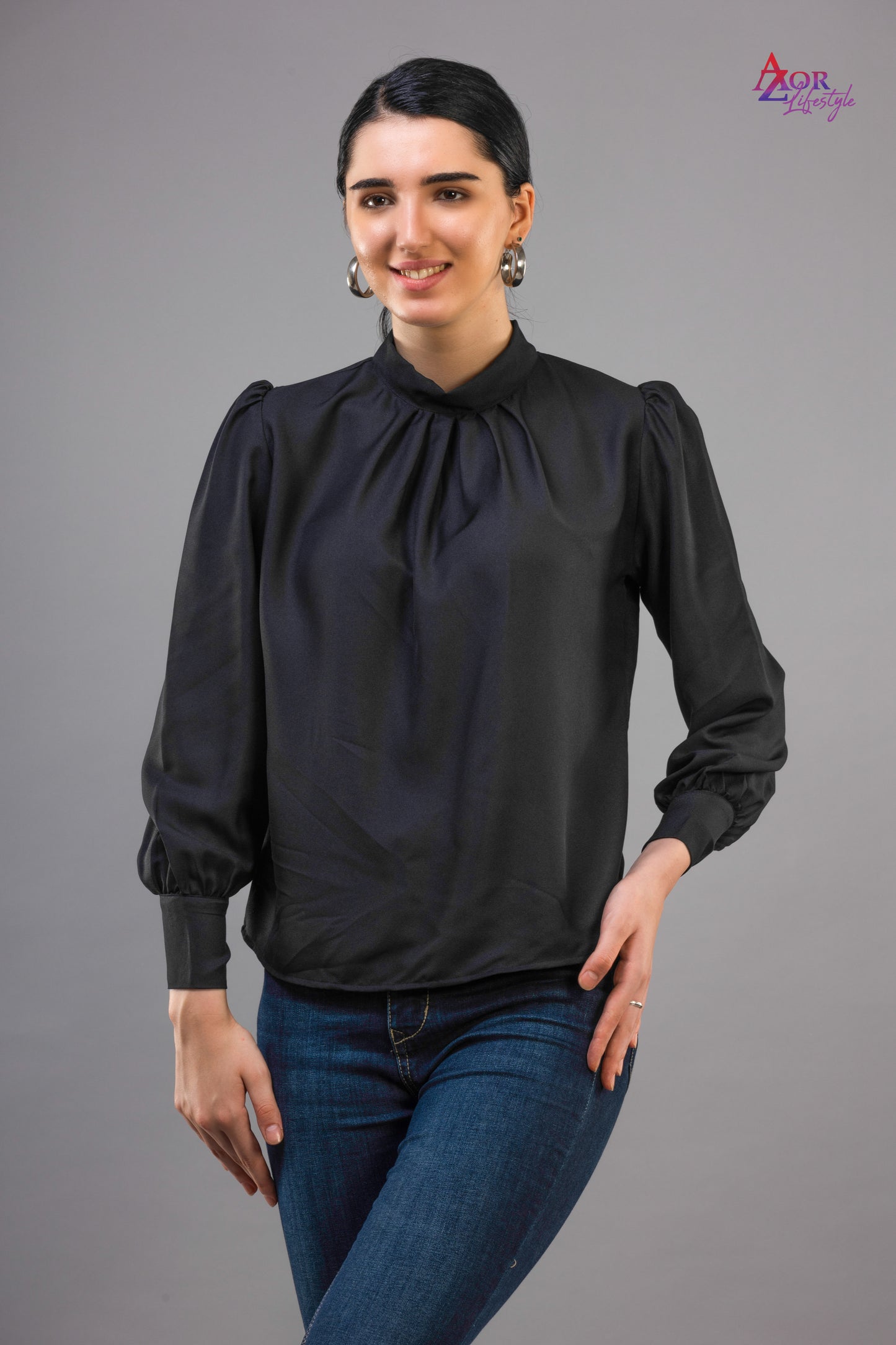 Women black closed neck top