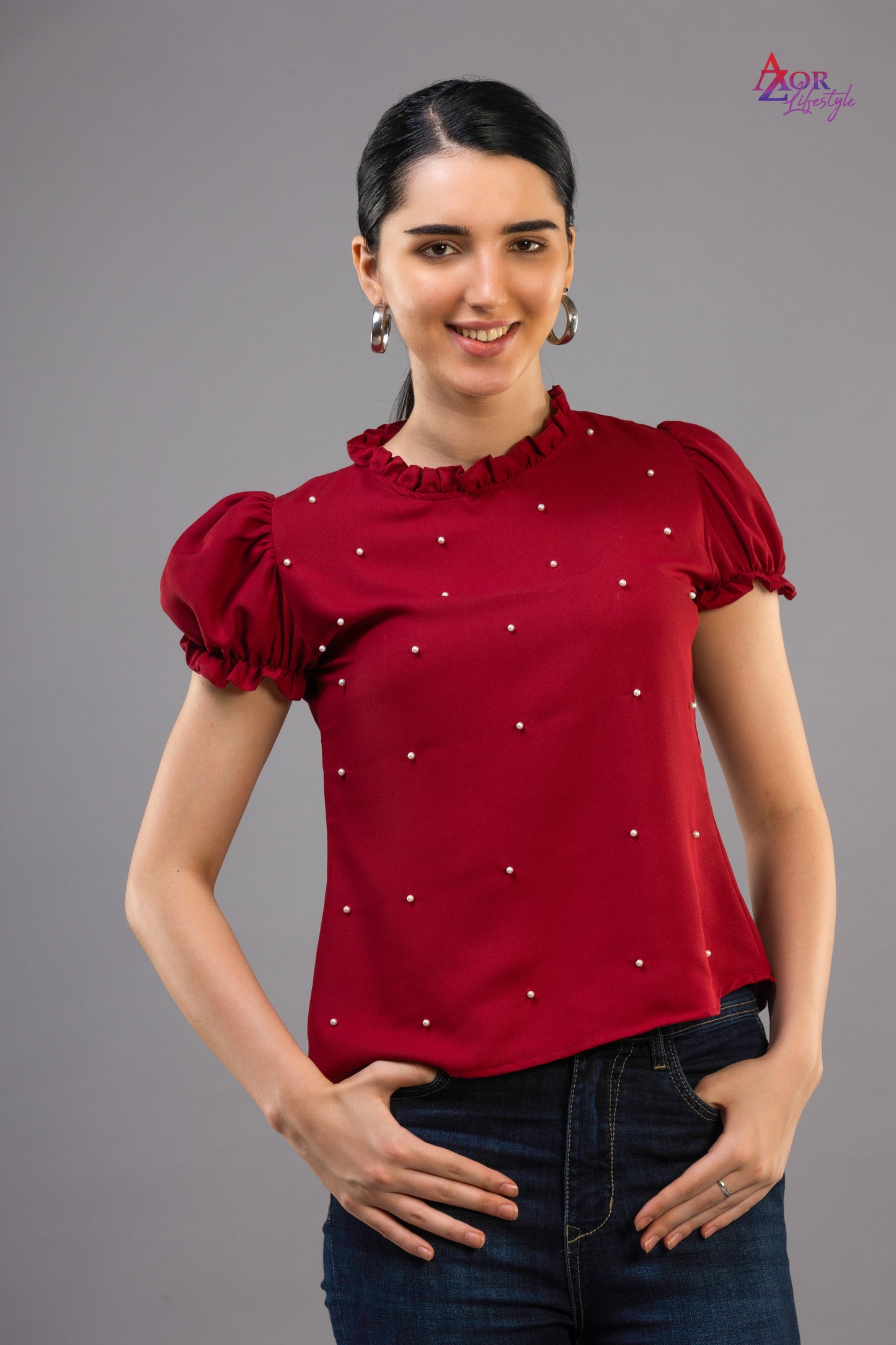 Women maroon closed neck top