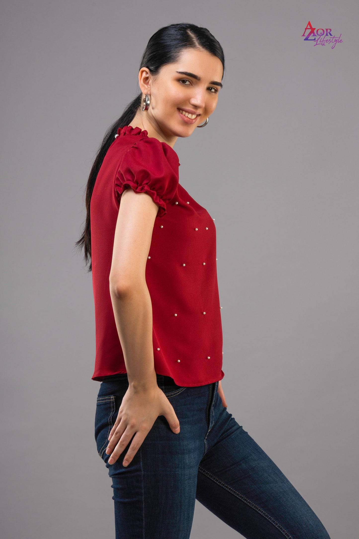 Women maroon closed neck top