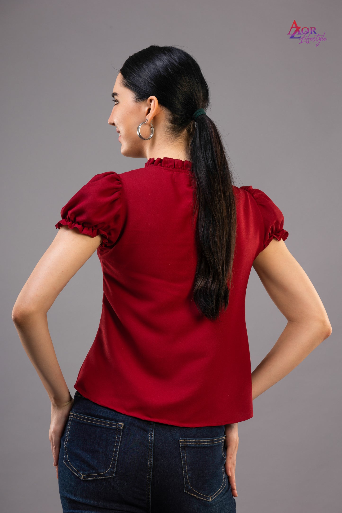 Women maroon closed neck top