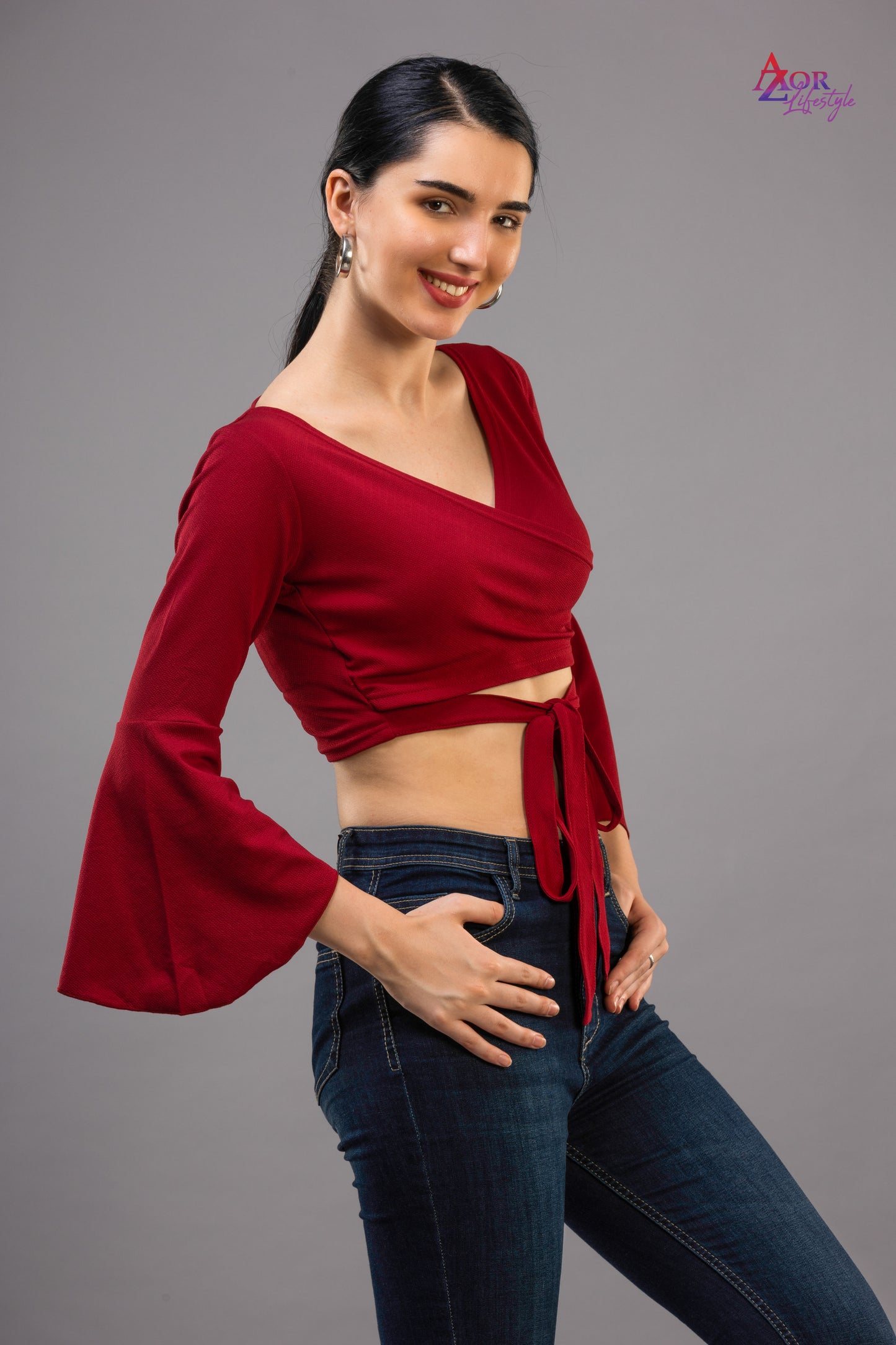 Women maroon full sleeve crop-top