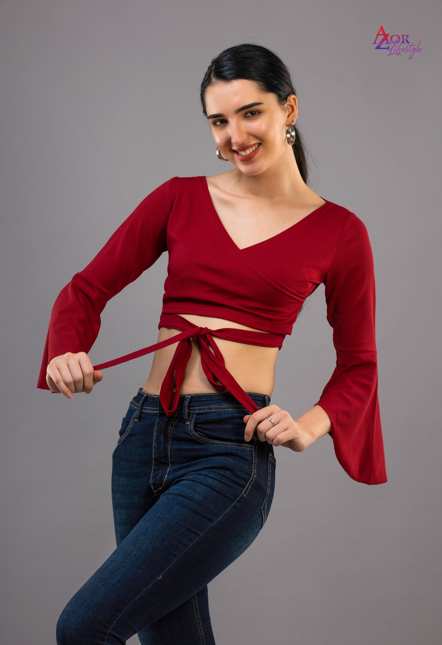 Women maroon full sleeve crop-top