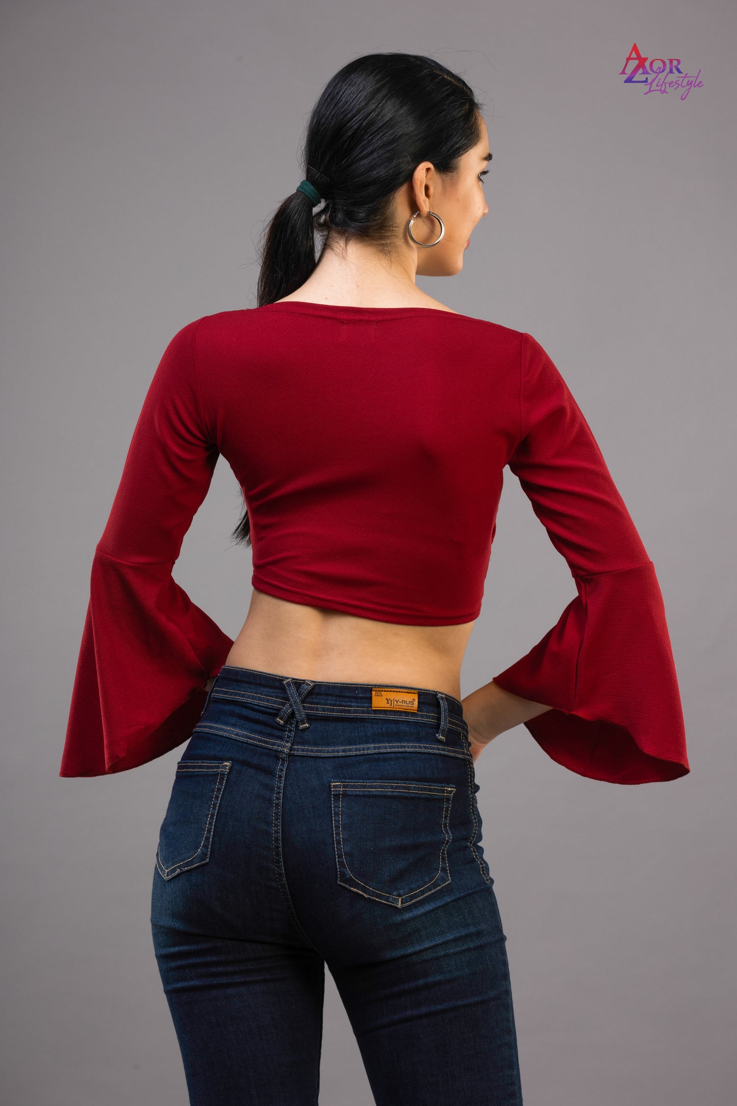 Women maroon full sleeve crop-top