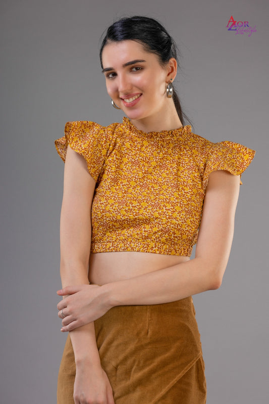 Women yellow brown styled back crop top