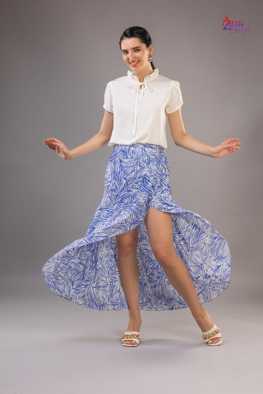 Women white blue asymmetric wrap skirt