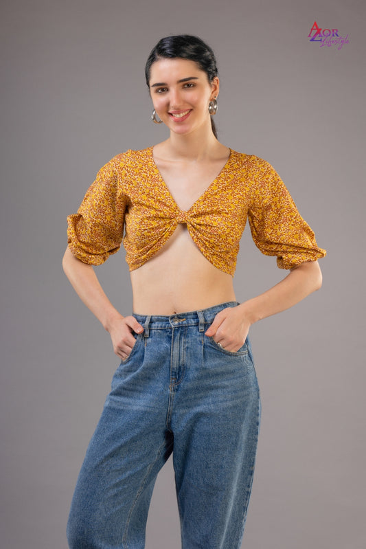 Women yellow brown bow style crop top