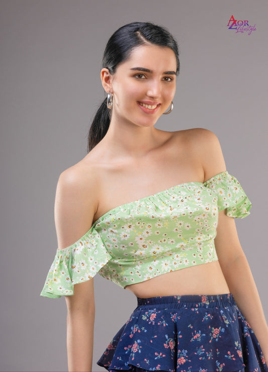 Women green off- shoulder crop top